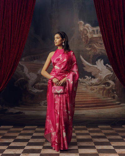 Pink and White Crepe Silk Saree