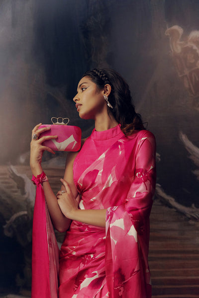 Pink and White Crepe Silk Saree