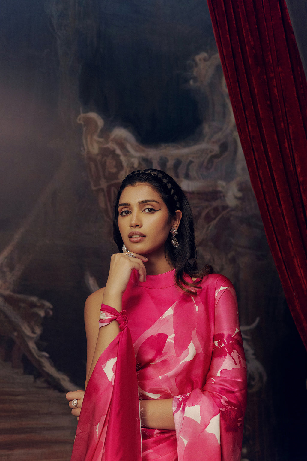 Pink and White Crepe Silk Saree