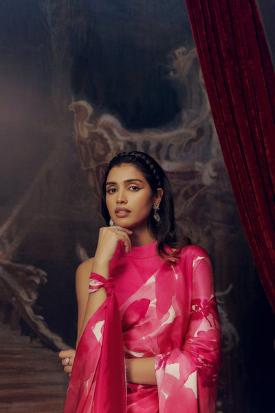 Pink and White Crepe Silk Saree
