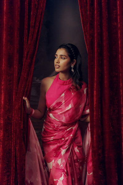 Pink and White Crepe Silk Saree