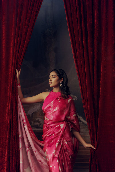 Pink and White Crepe Silk Saree