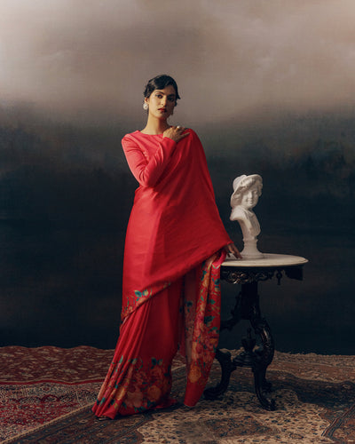 Red Satin Crepe Silk Saree