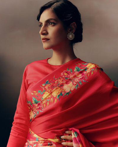 Red Satin Crepe Silk Saree