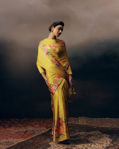 Yellow Satin Crepe Silk Saree
