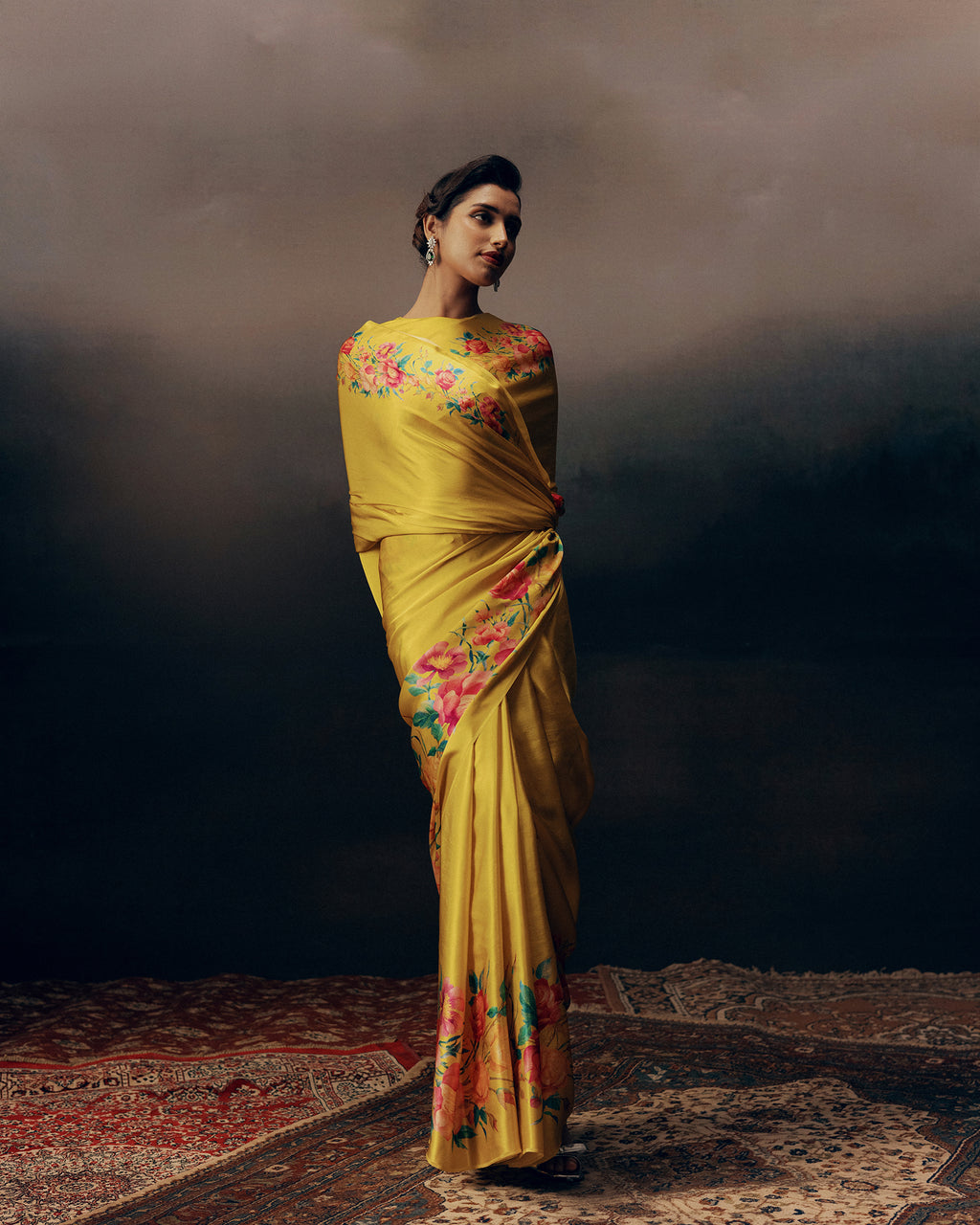 Yellow Satin Crepe Silk Saree
