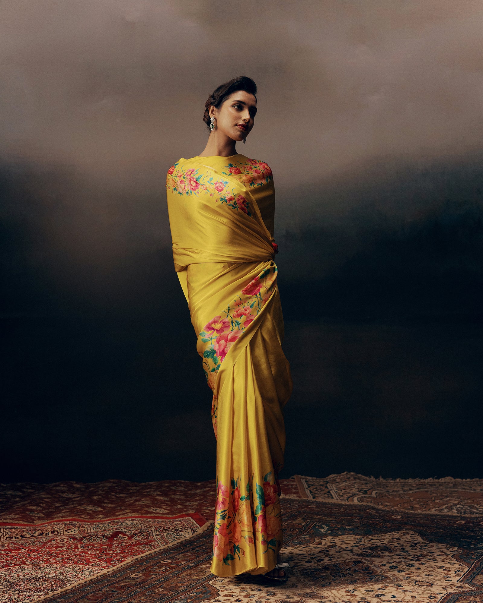 Yellow Satin Crepe Silk Saree