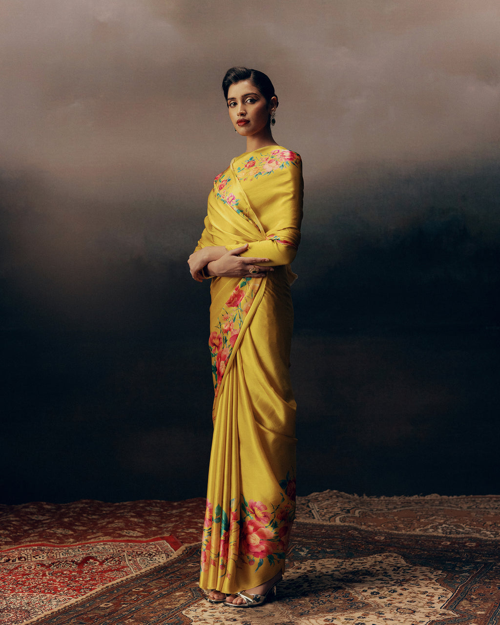 Yellow Satin Crepe Silk Saree