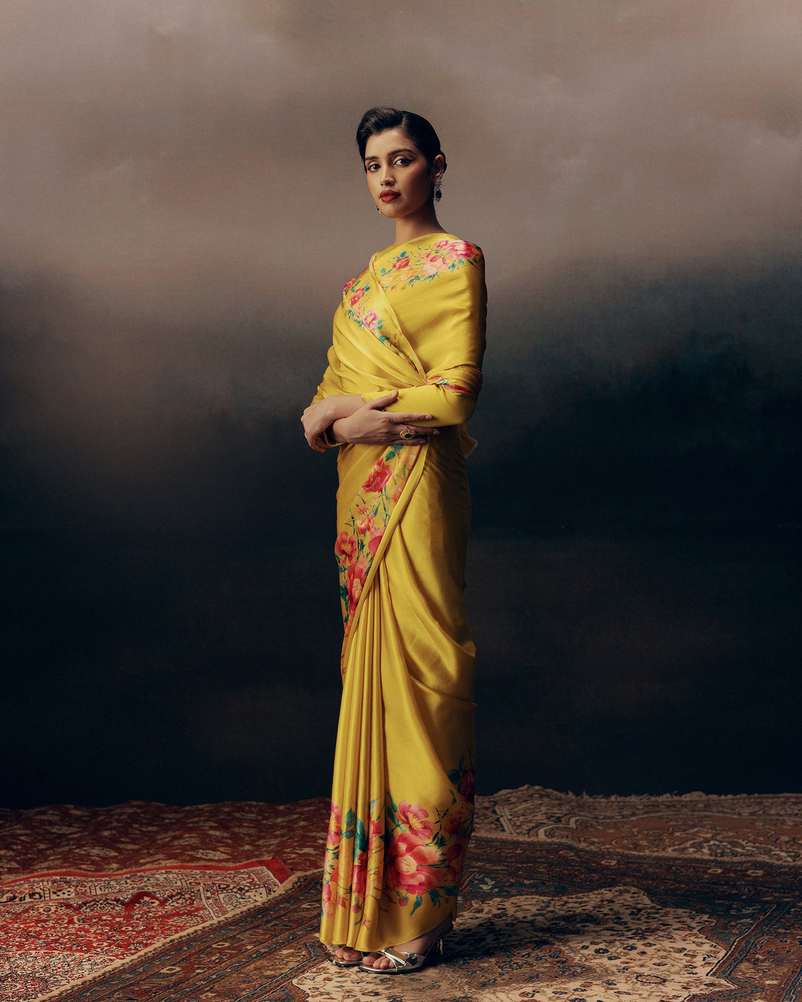 Yellow Satin Crepe Silk Saree
