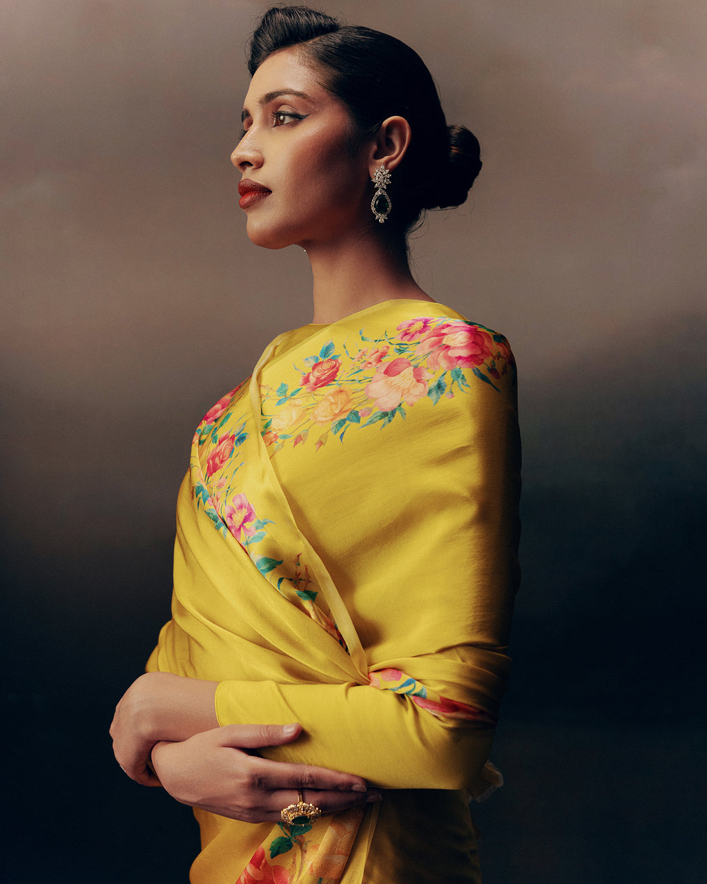 Yellow Satin Crepe Silk Saree