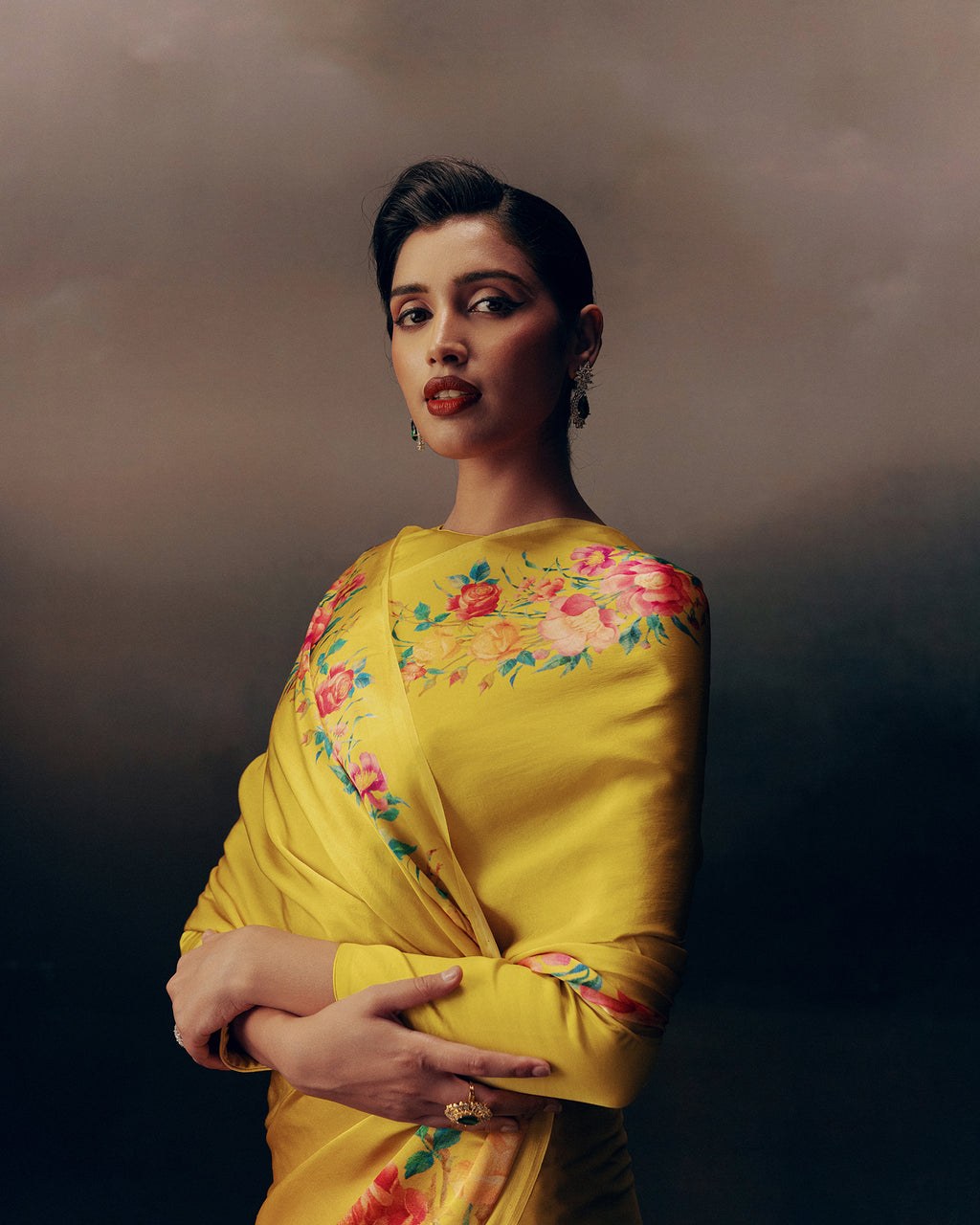 Yellow Satin Crepe Silk Saree