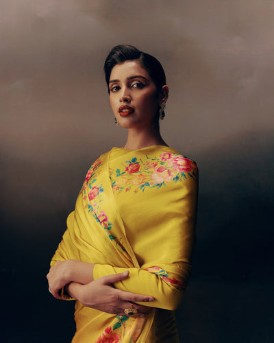 Yellow Satin Crepe Silk Saree