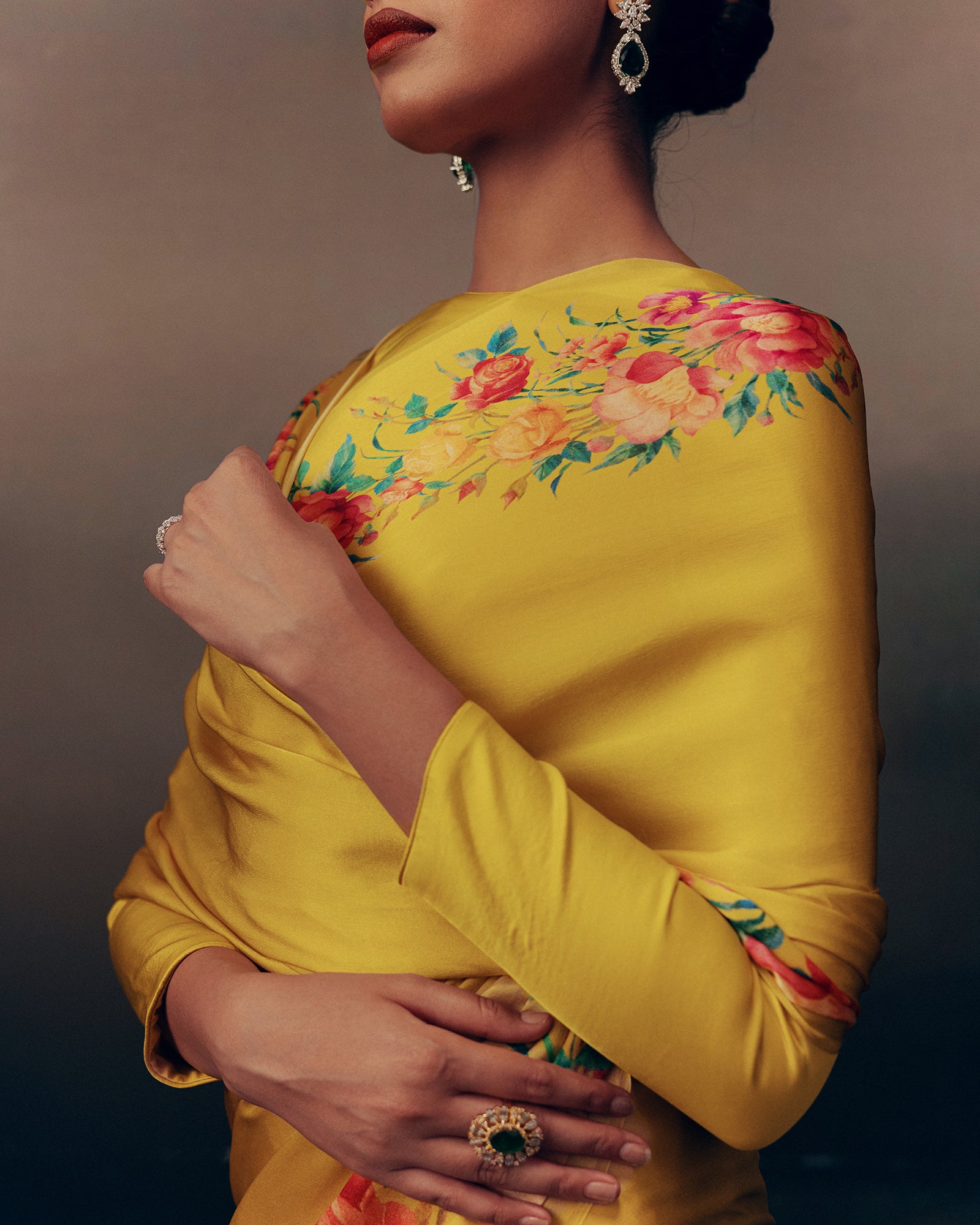 Yellow Satin Crepe Silk Saree