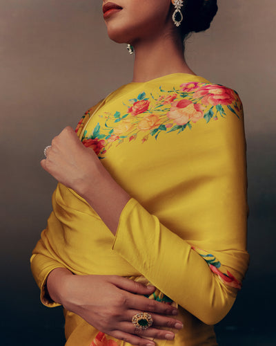 Yellow Satin Crepe Silk Saree