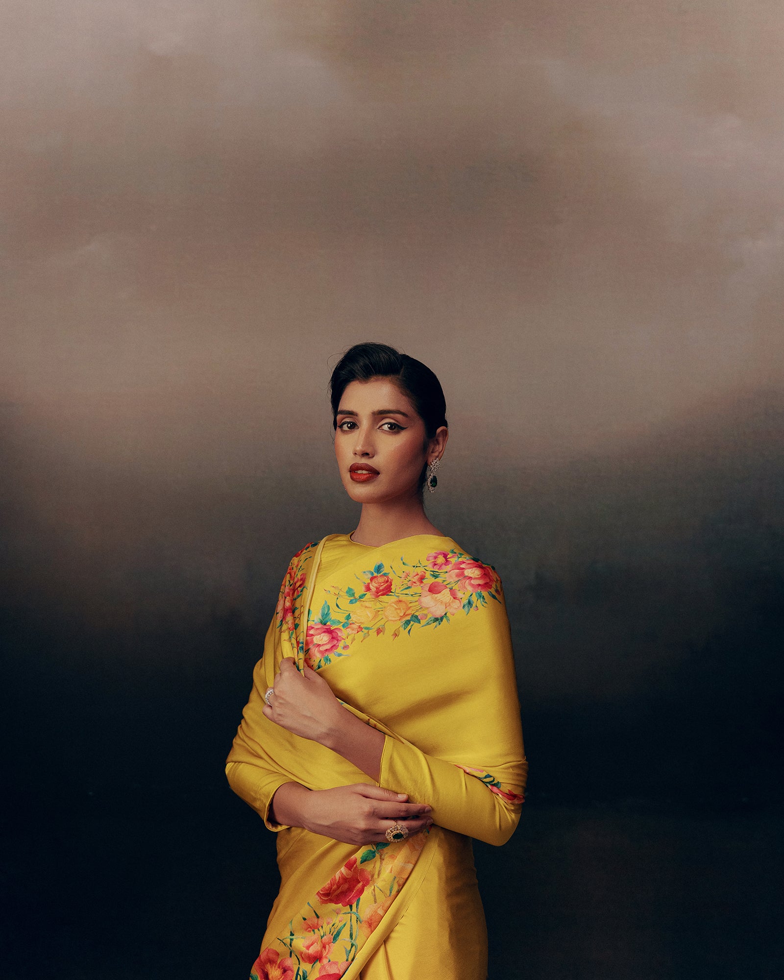 Yellow Satin Crepe Silk Saree