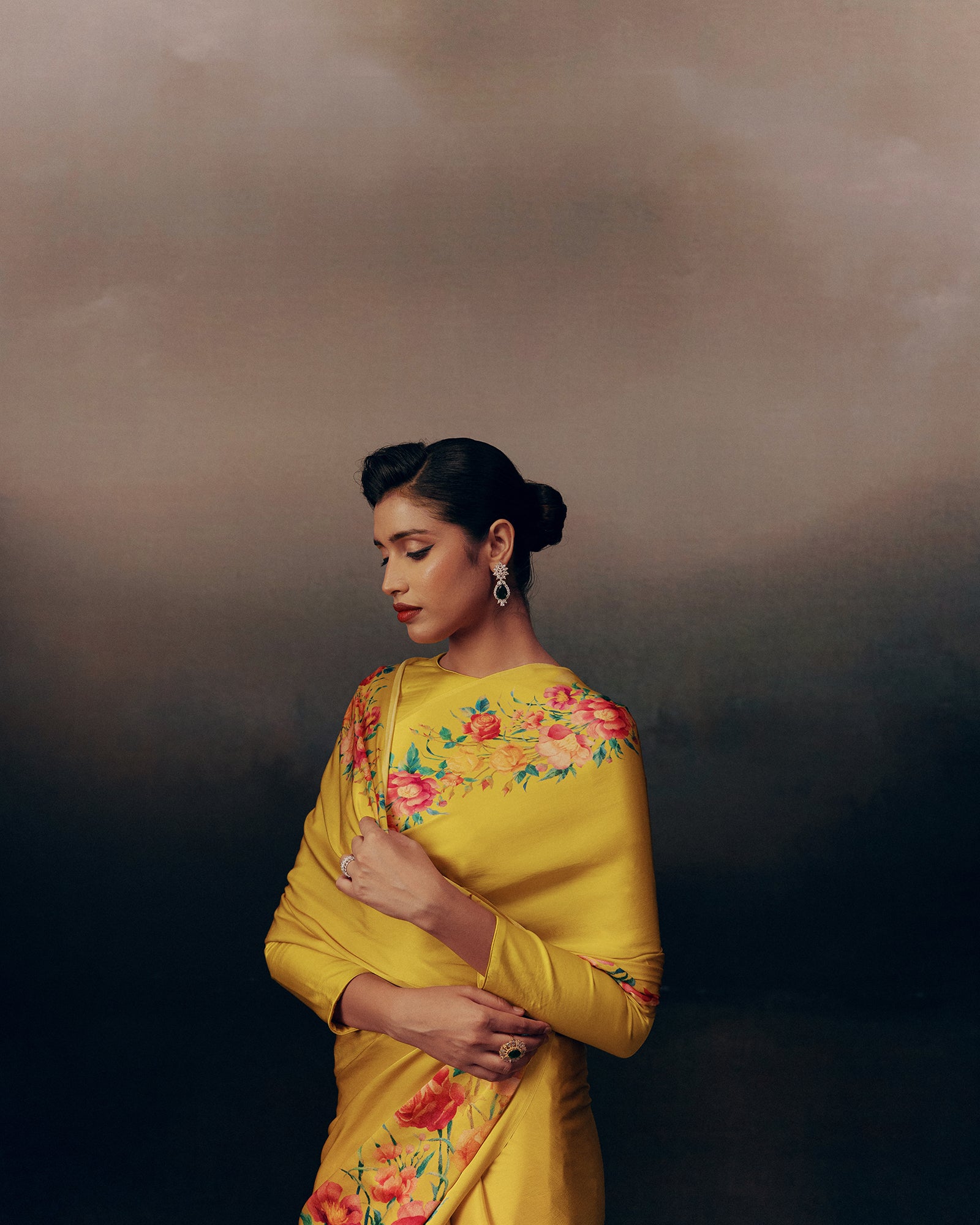 Yellow Satin Crepe Silk Saree