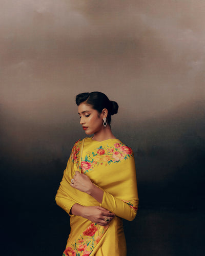 Yellow Satin Crepe Silk Saree