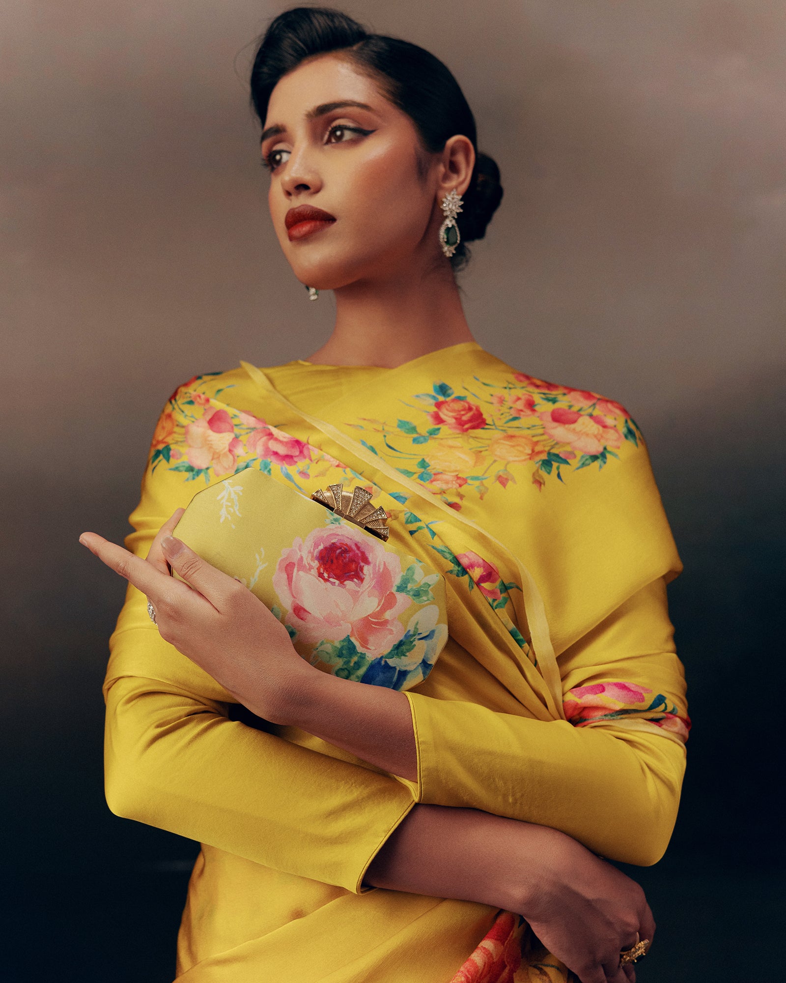Yellow Satin Crepe Silk Saree