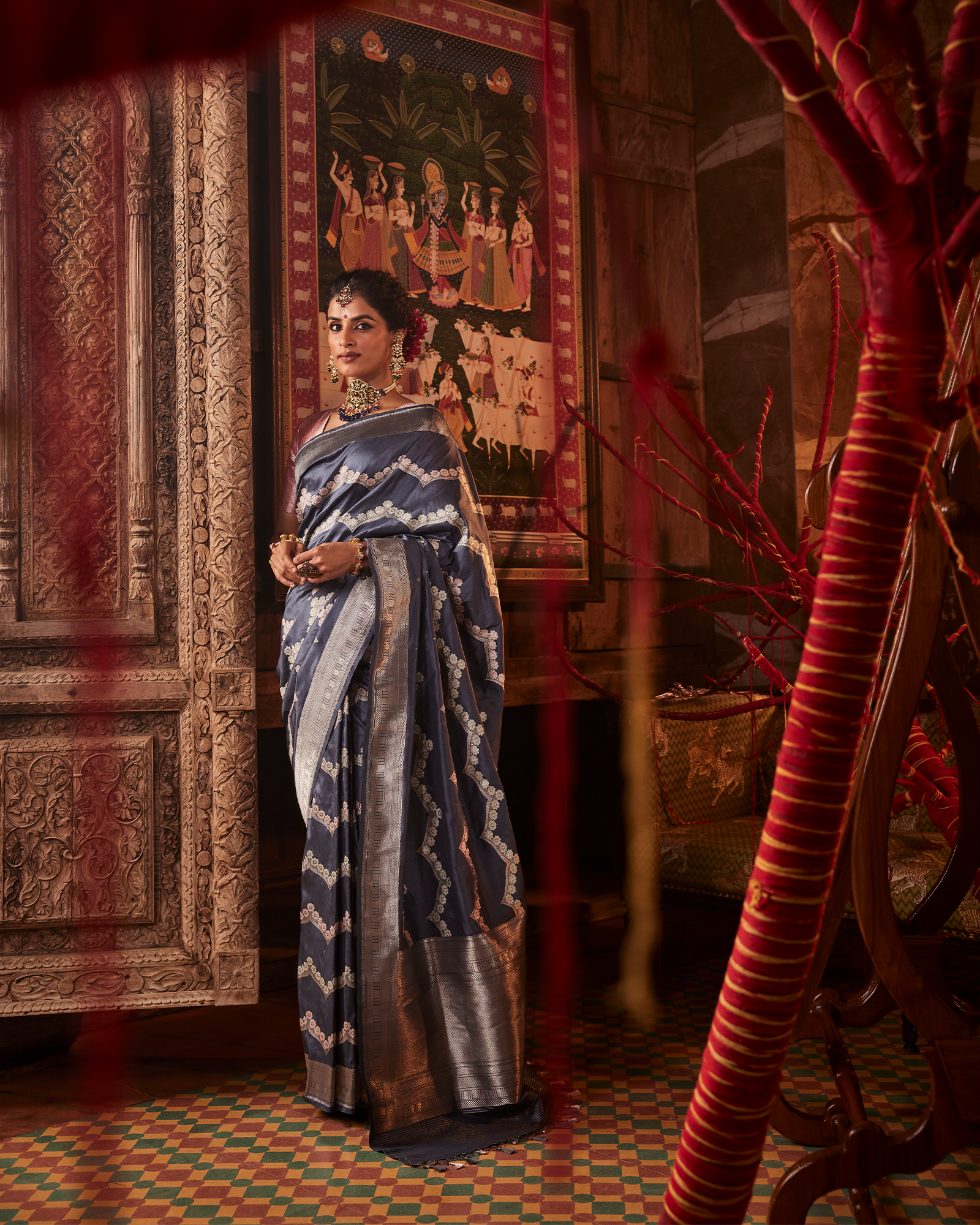 Grey Banarasi Silk Saree