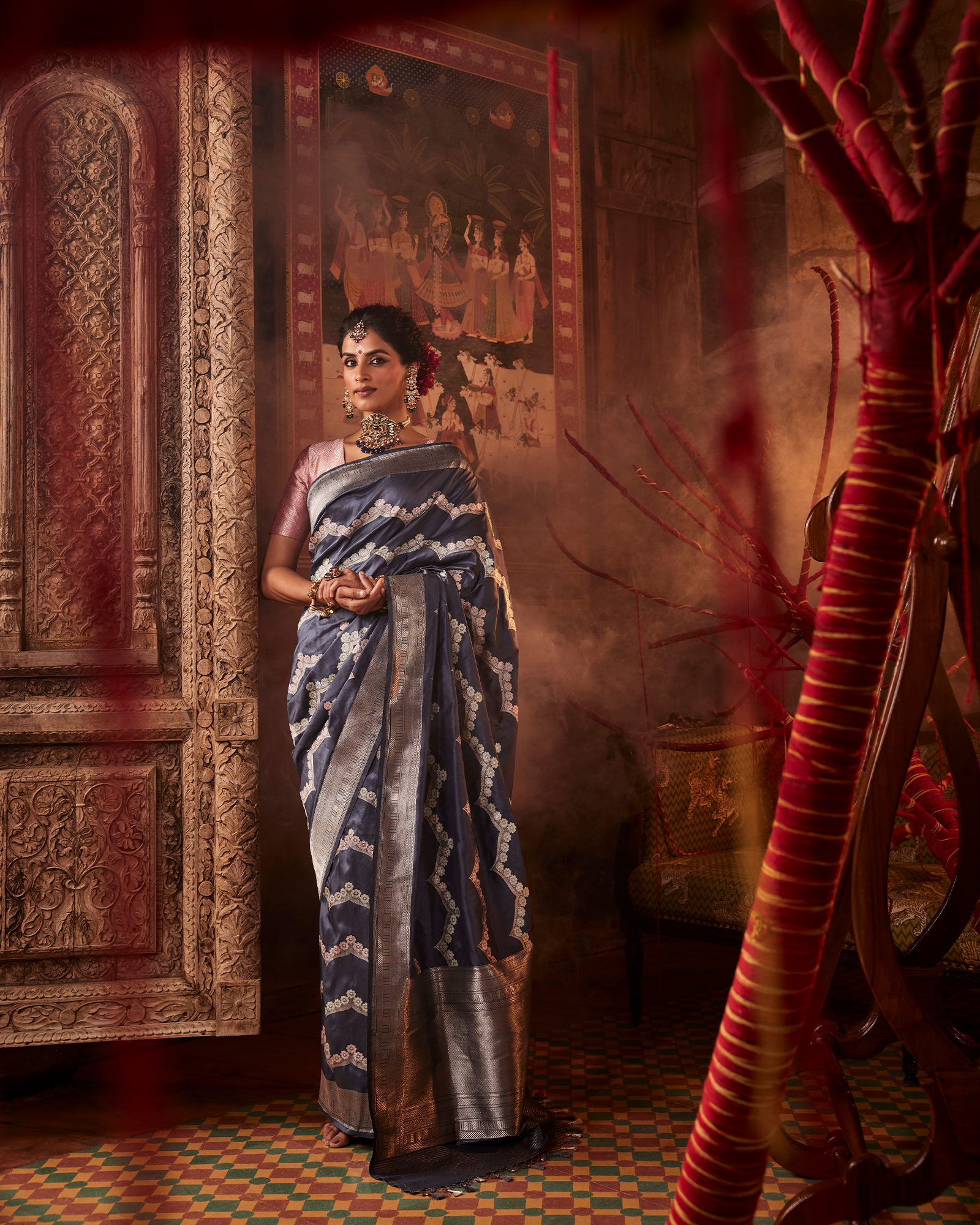 Grey Banarasi Silk Saree