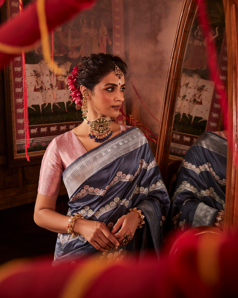 Grey Banarasi Silk Saree