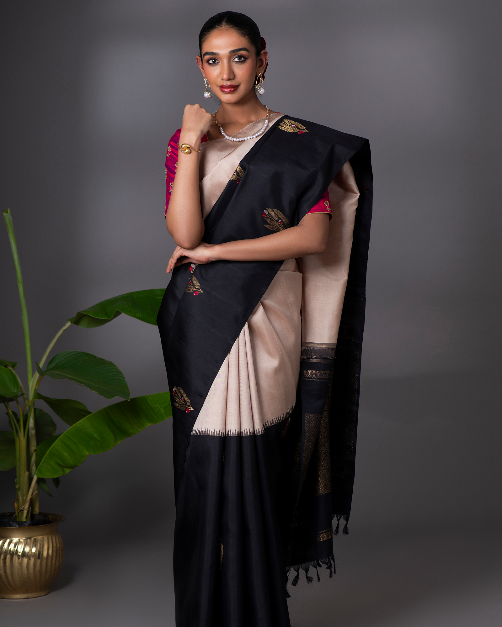 Grey and Black Kanchivaram Silk Saree
