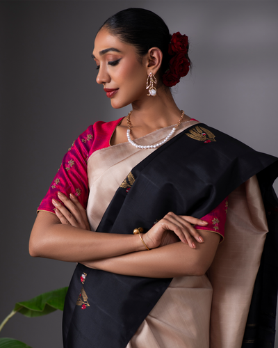 Grey and Black Kanchivaram Silk Saree