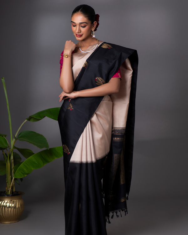 Grey and Black Kanchivaram Silk Saree