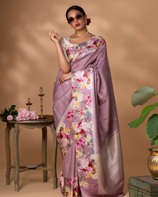 Lavender Banarasi Tussar Silk Saree
