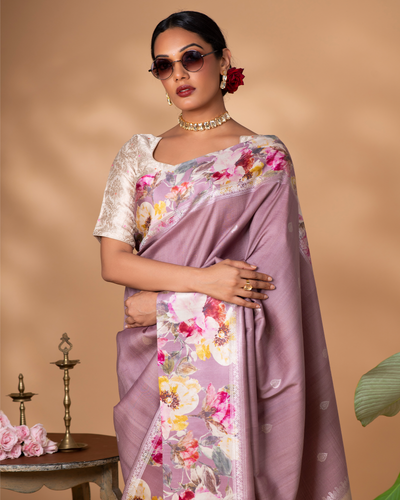 Purple Banarasi Tussar Silk Saree