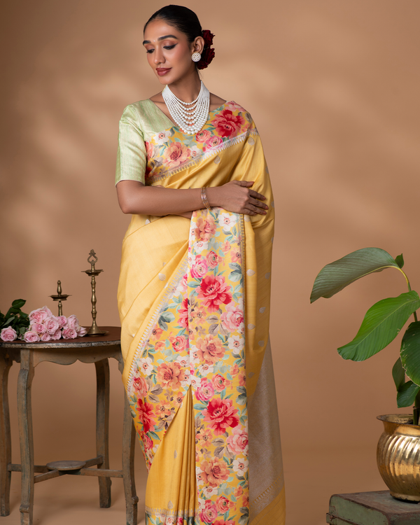 Yellow Banarasi Tussar Silk Saree
