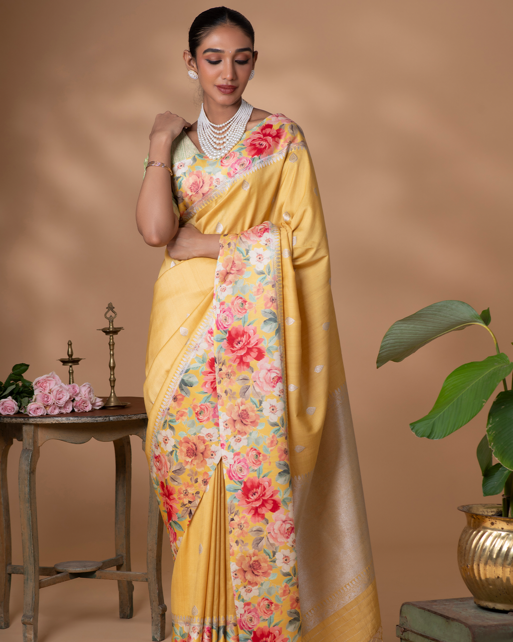Yellow Banarasi Tussar Silk Saree