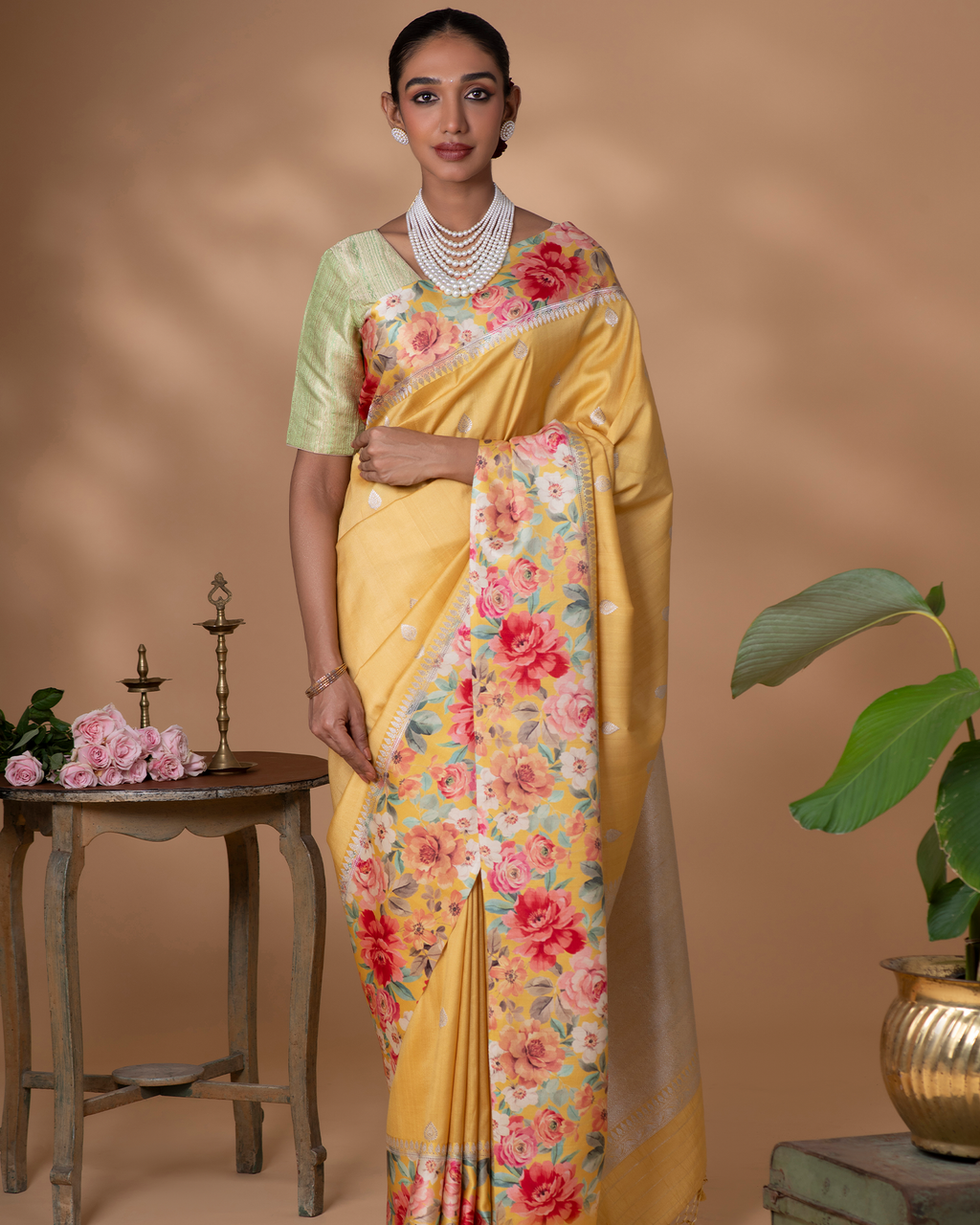 Yellow Banarasi Tussar Silk Saree