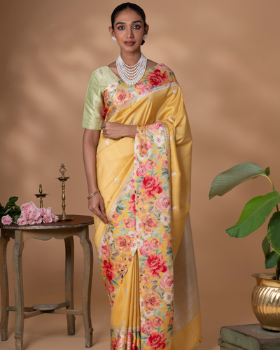 Yellow Banarasi Tussar Silk Saree