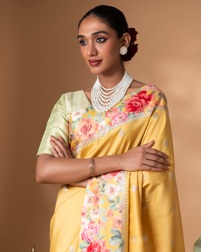 Yellow Banarasi Tussar Silk Saree
