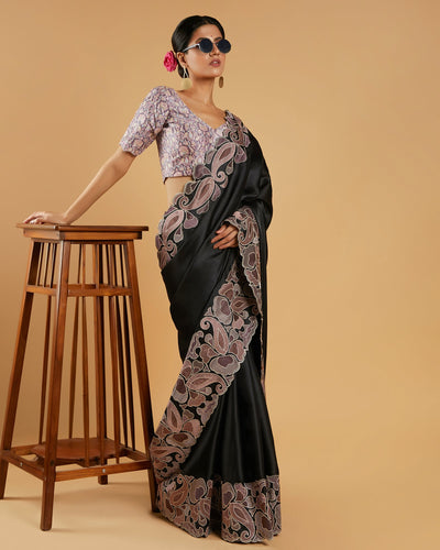 Black  Woven Embroidered Fancy Blended Tussar Silk  Saree