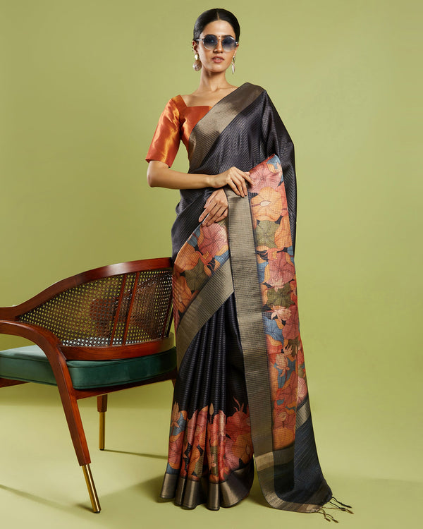 Floral Printed Saree Formal Wear Blended Tussar Saree
