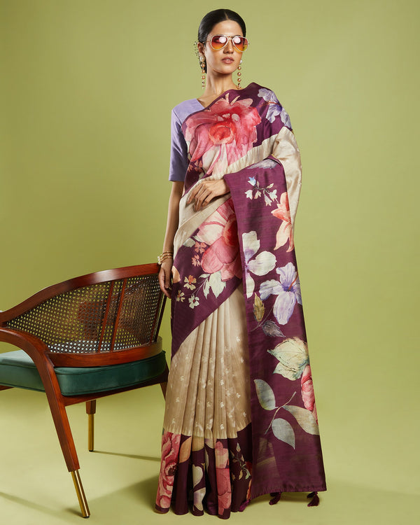 saree near me Blended Tussar Saree, Floral embroidered Saree
