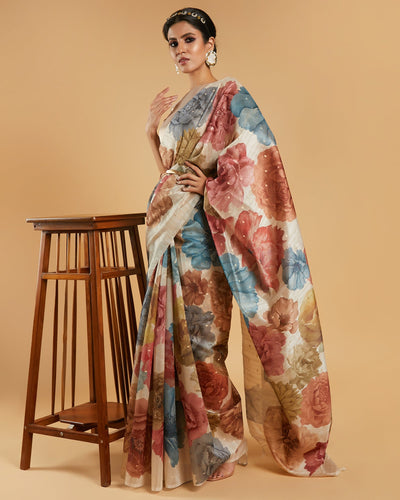 Beige Floral Printed Blended Tussar Silk Saree