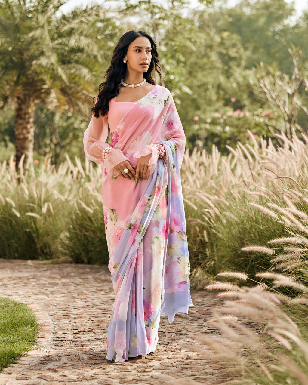 Peach Printed Chiffon Saree