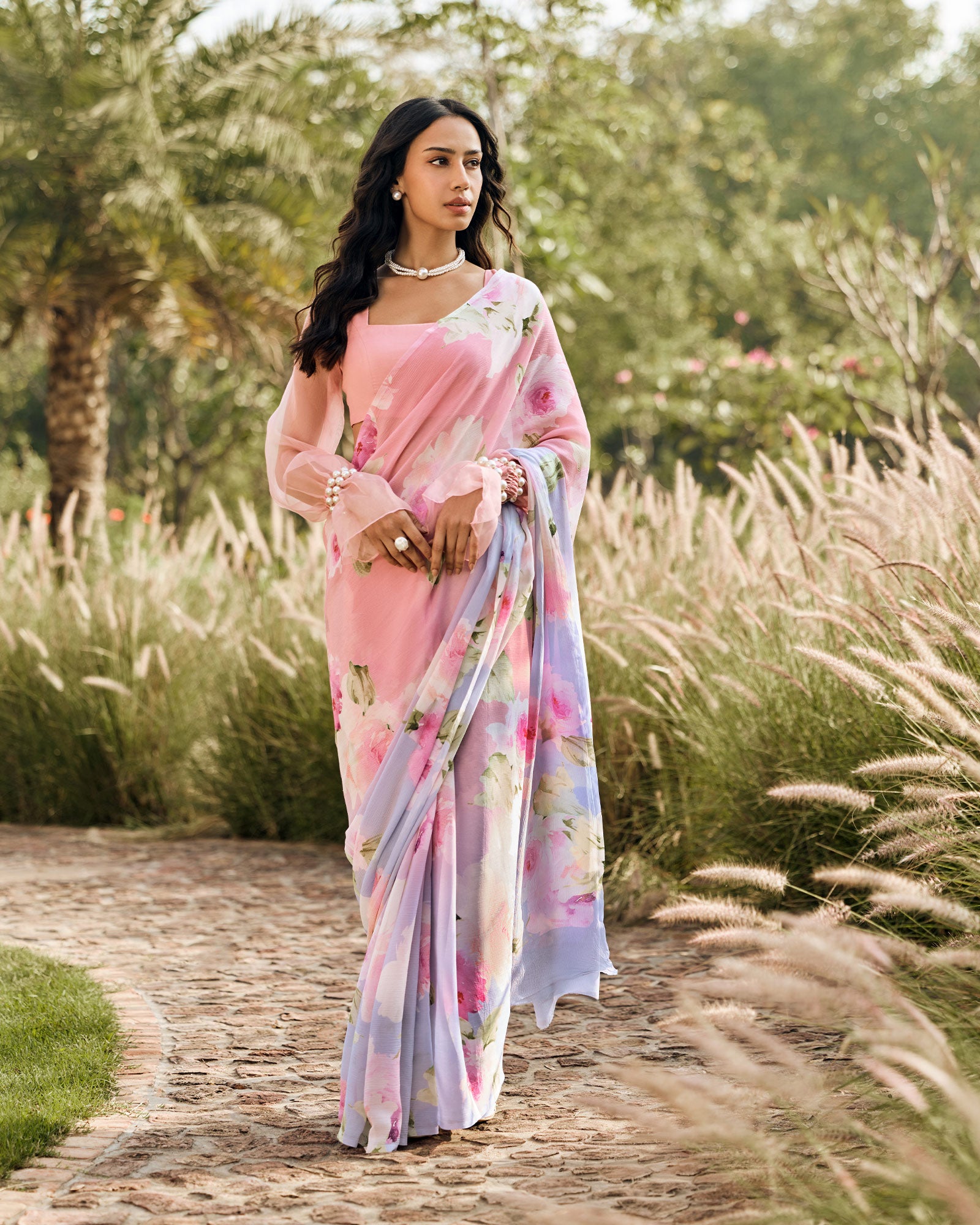 Peach Printed Chiffon Saree