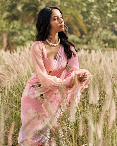 Peach Printed Chiffon Saree