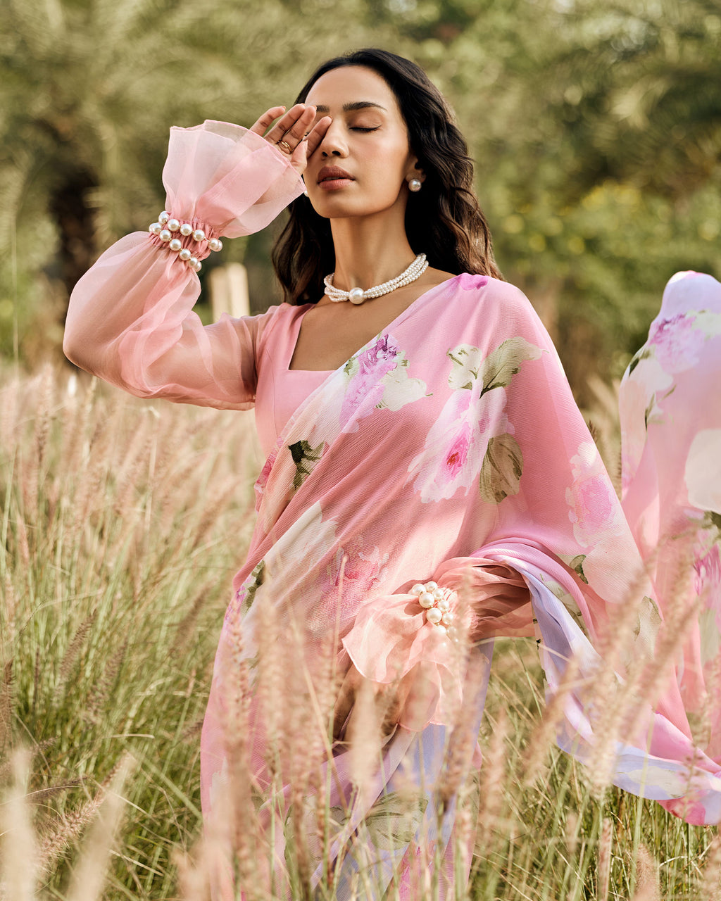 Peach Printed Chiffon Saree