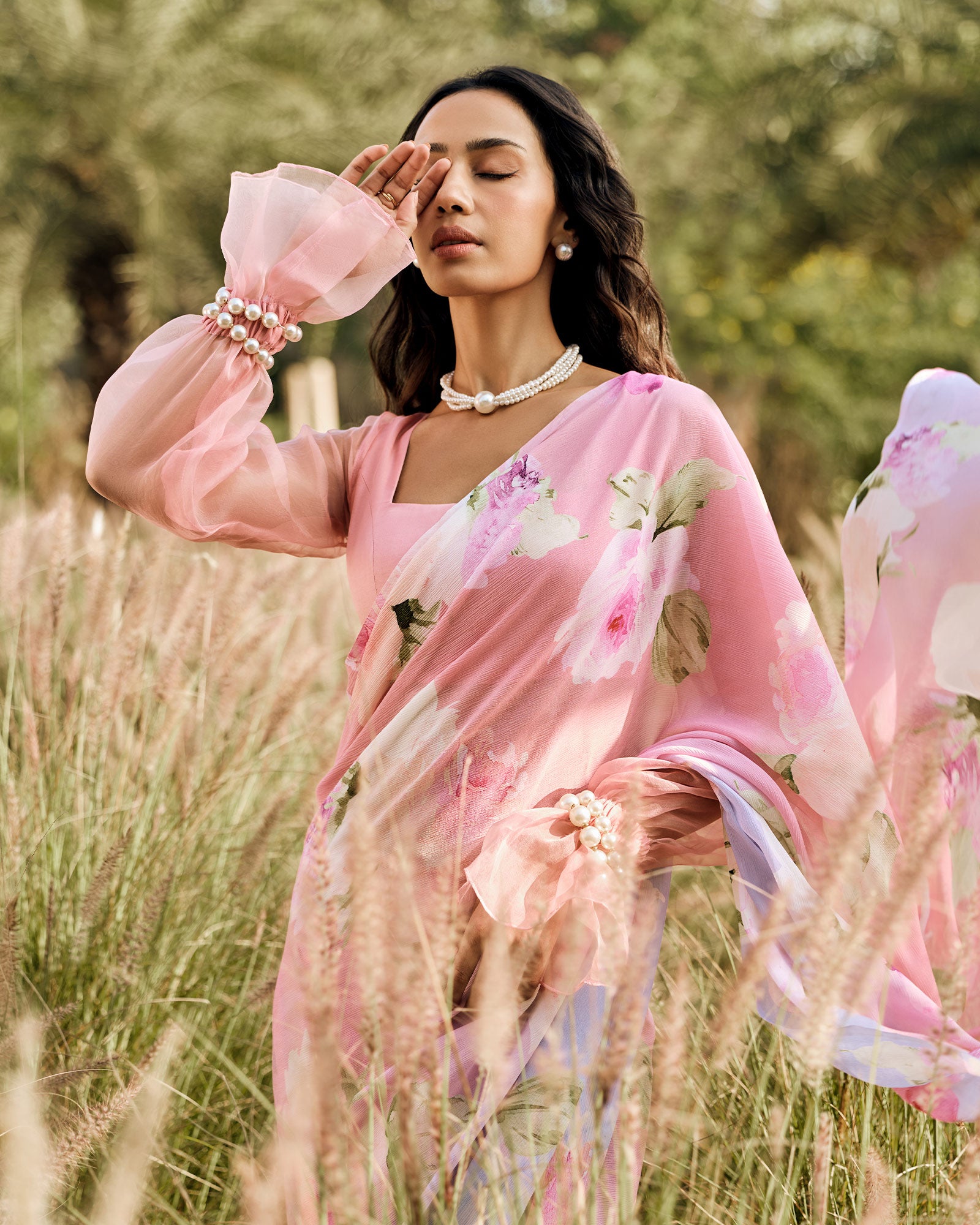 Peach Printed Chiffon Saree