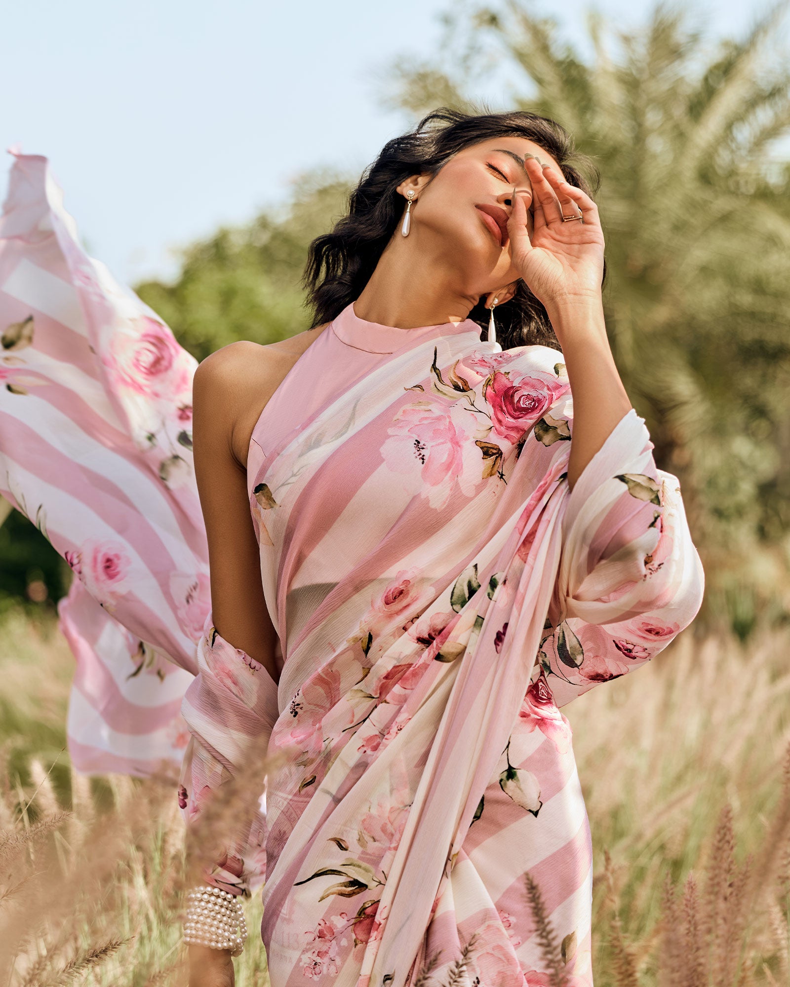 Pink and White Printed Chiffon Saree