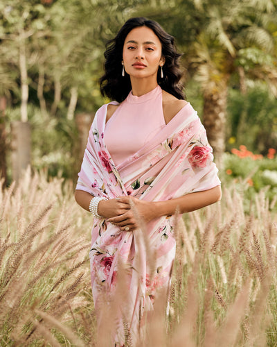Pink and White Printed Chiffon Saree