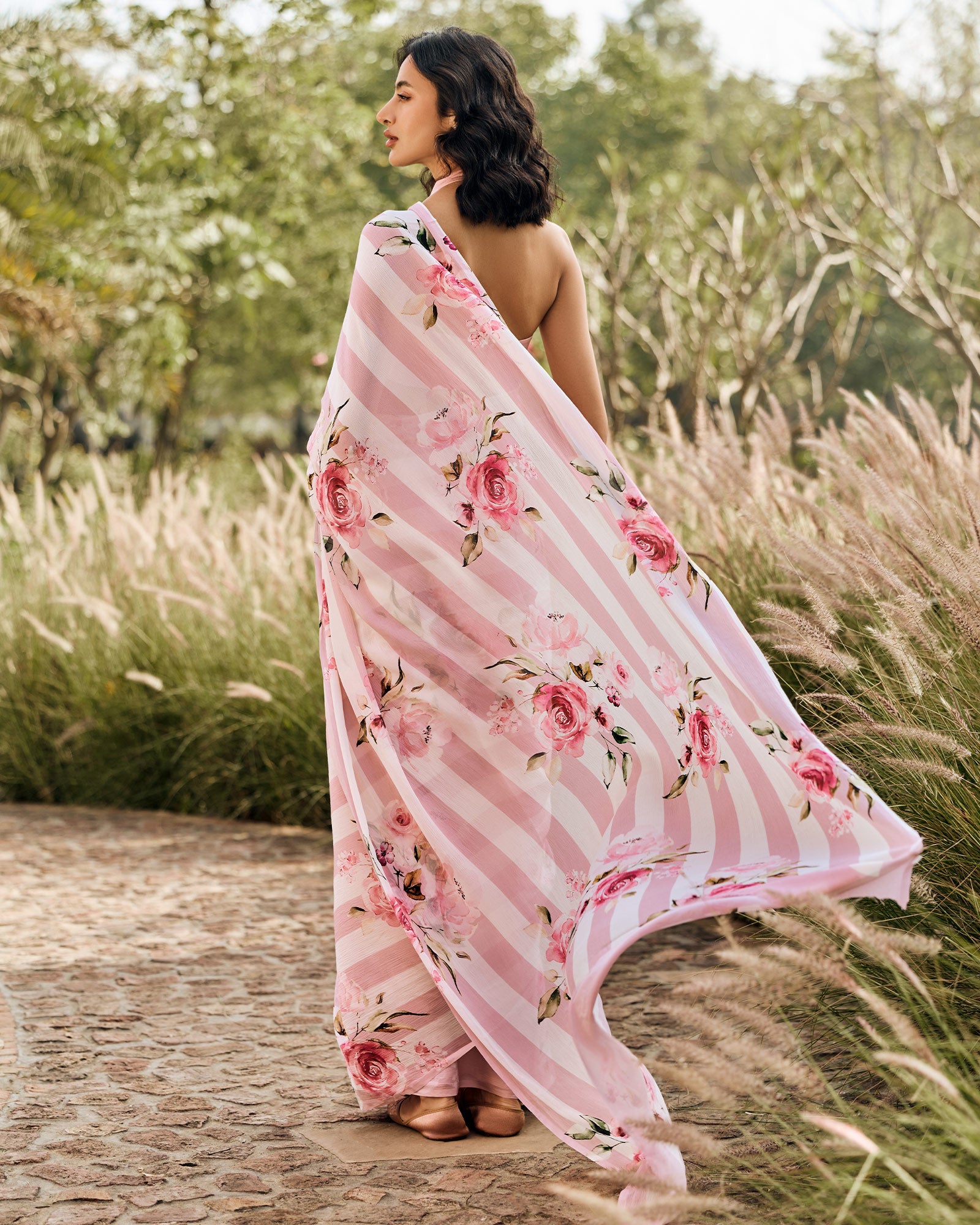 Pink and White Printed Chiffon Saree