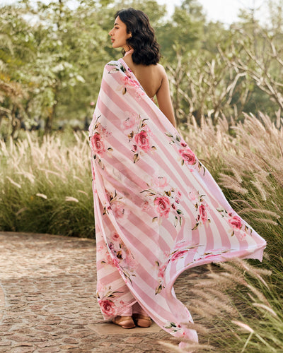 Pink and White Printed Chiffon Saree