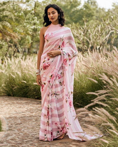 Pink and White Printed Chiffon Saree