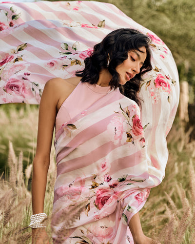 Pink and White Printed Chiffon Saree